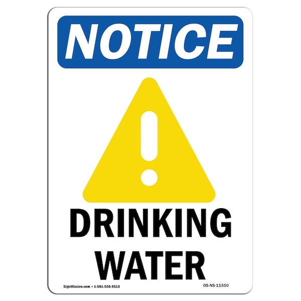 Safety Sign, OSHA Notice, 5" Height, Drinking Water Sign With Symbol, Portrait, 10PK